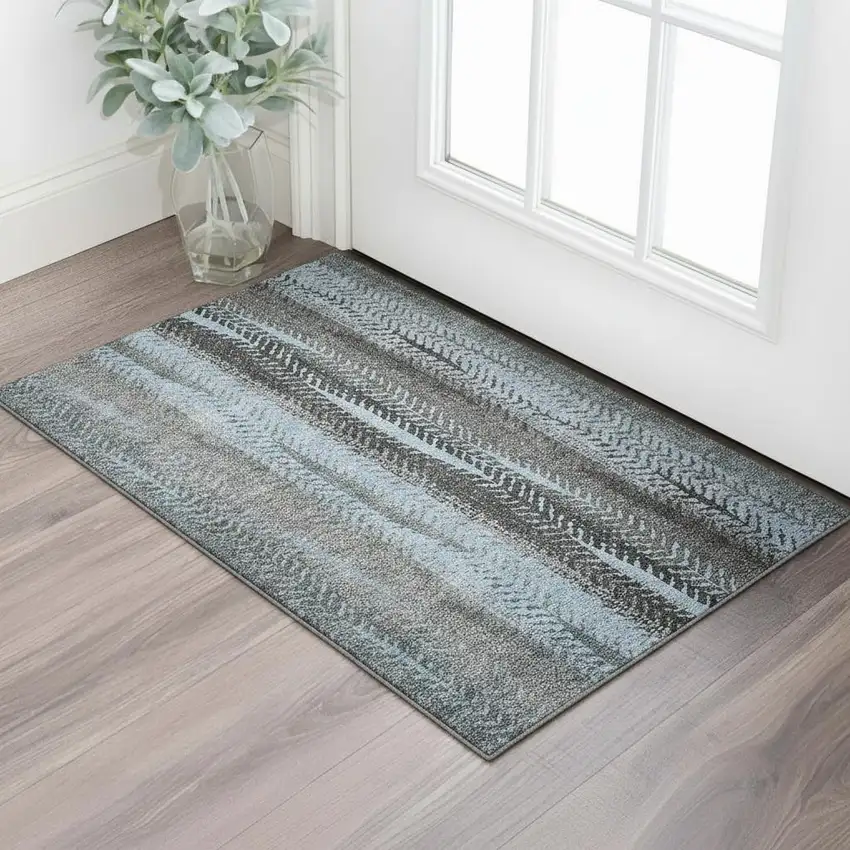 Blue And Gray Striped Washable Area Rug With UV Protection Photo 1