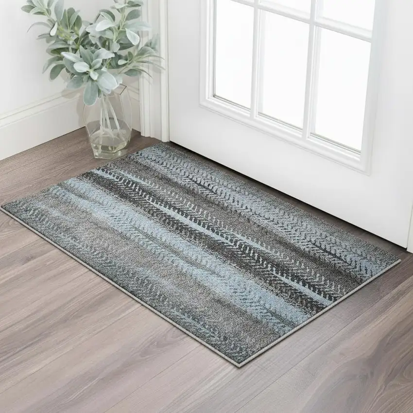 Blue And Gray Striped Washable Area Rug With UV Protection Photo 2