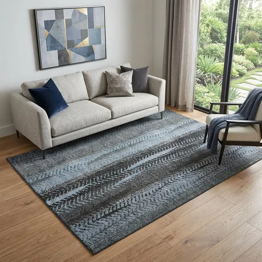 Blue And Gray Striped Washable Area Rug With UV Protection Photo 1