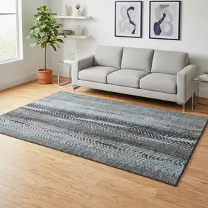 Photo of Blue And Gray Striped Washable Area Rug With UV Protection
