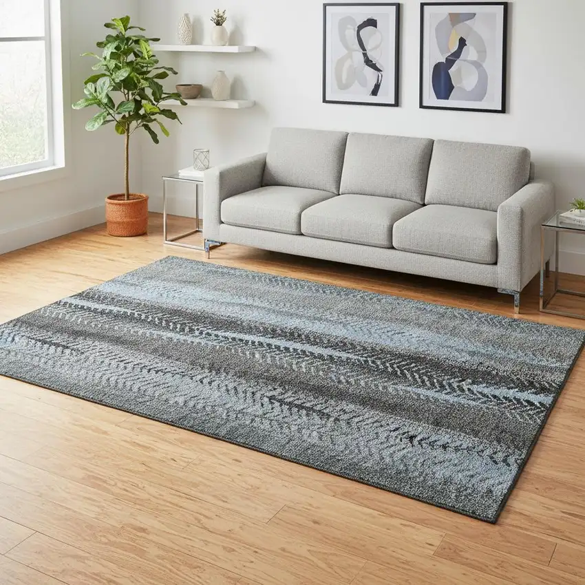 Blue And Gray Striped Washable Area Rug With UV Protection Photo 1