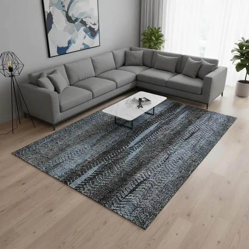Blue And Gray Striped Washable Area Rug With UV Protection Photo 1