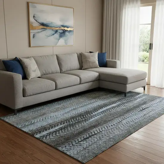 Blue And Gray Striped Washable Area Rug With UV Protection Photo 1