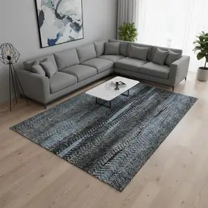 Photo of Blue And Gray Striped Washable Area Rug With UV Protection
