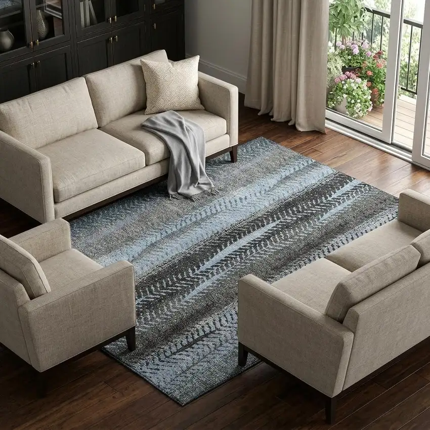 Blue And Gray Striped Washable Area Rug With UV Protection Photo 1