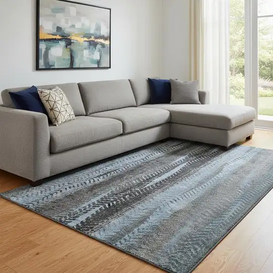 Blue And Gray Striped Washable Area Rug With UV Protection Photo 1