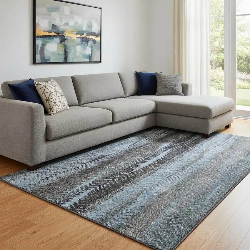Blue And Gray Striped Washable Area Rug With UV Protection Photo 1
