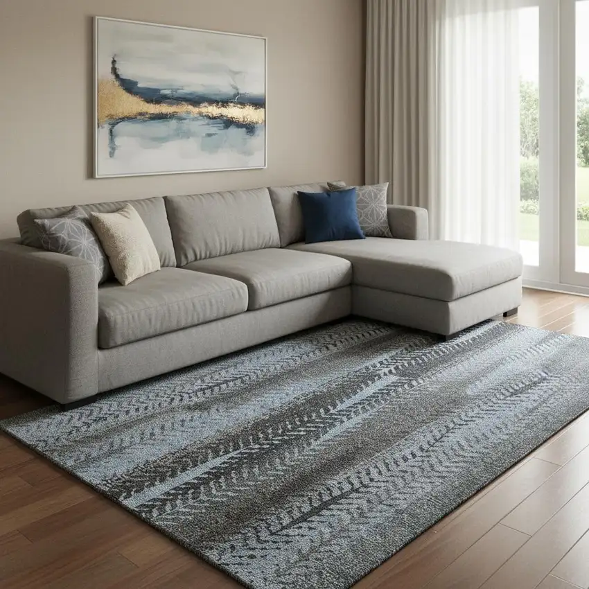 Blue And Gray Striped Washable Area Rug With UV Protection Photo 1