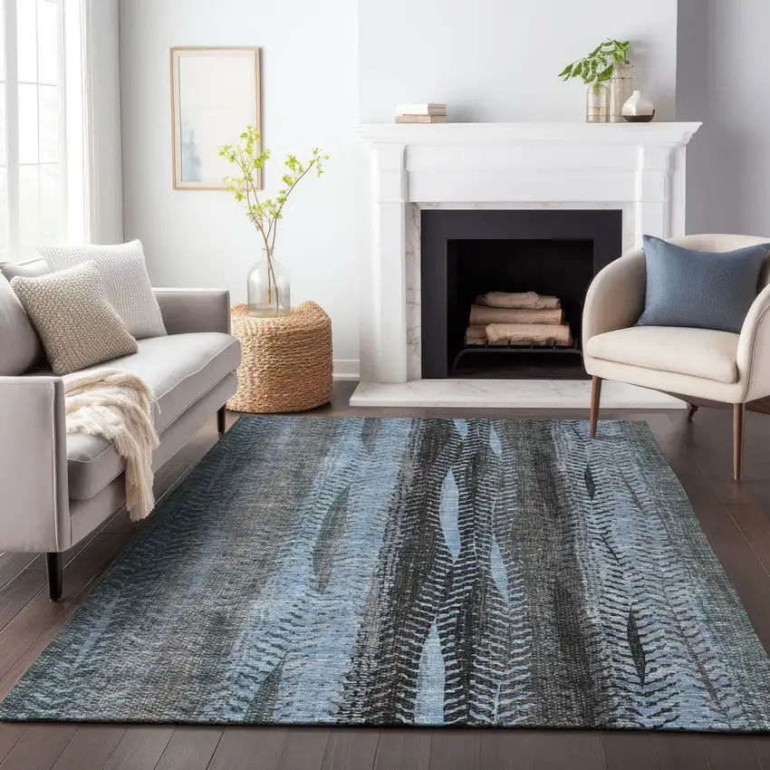 Blue And Gray Striped Washable Area Rug With UV Protection Photo 5