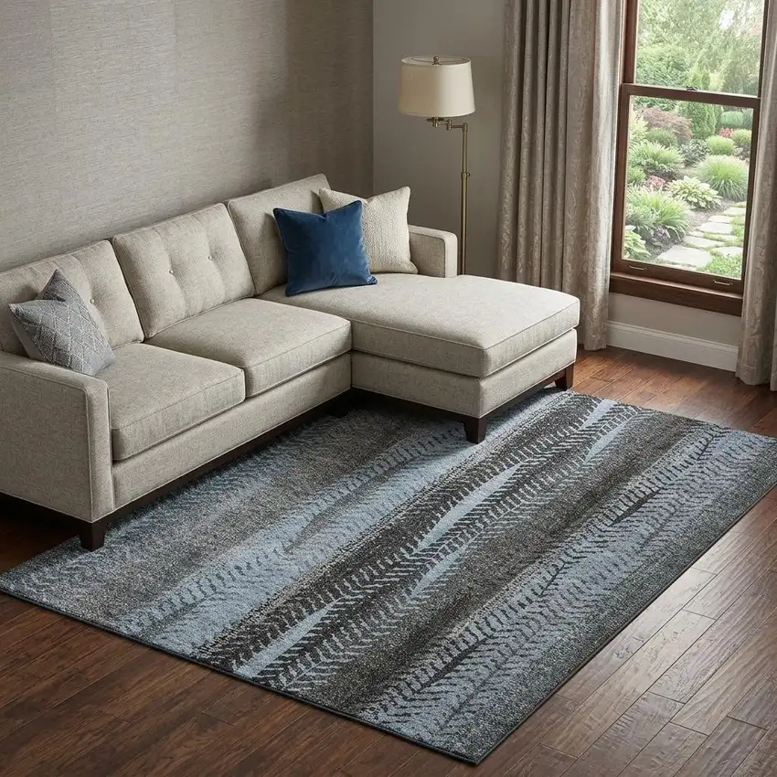 Blue And Gray Striped Washable Area Rug With UV Protection Photo 1