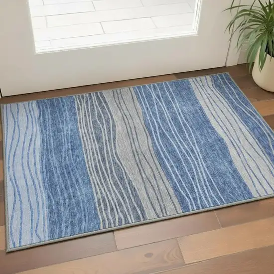 Blue And Gray Striped Washable Area Rug With UV Protection Photo 2