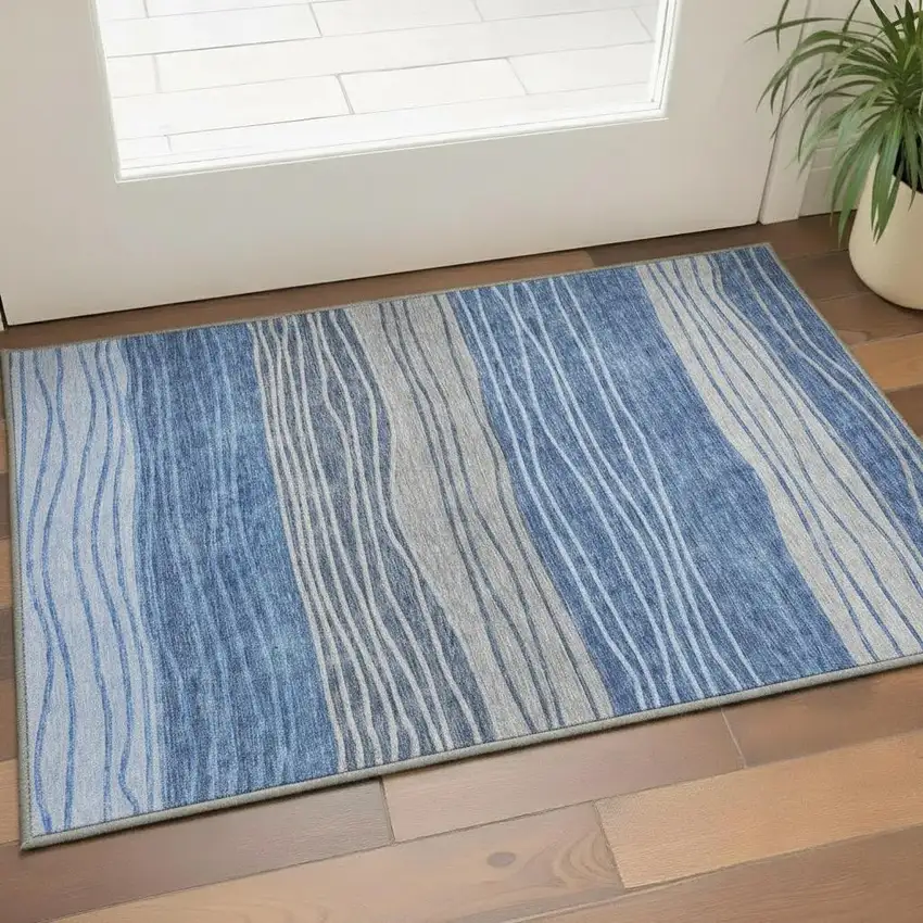 Blue And Gray Striped Washable Area Rug With UV Protection Photo 2