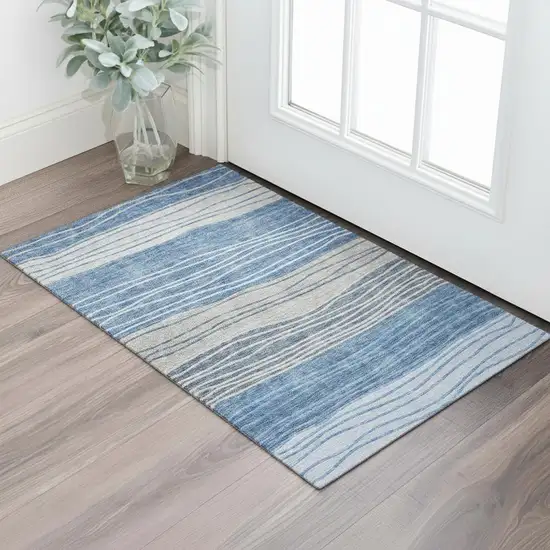 Blue And Gray Striped Washable Area Rug With UV Protection Photo 1