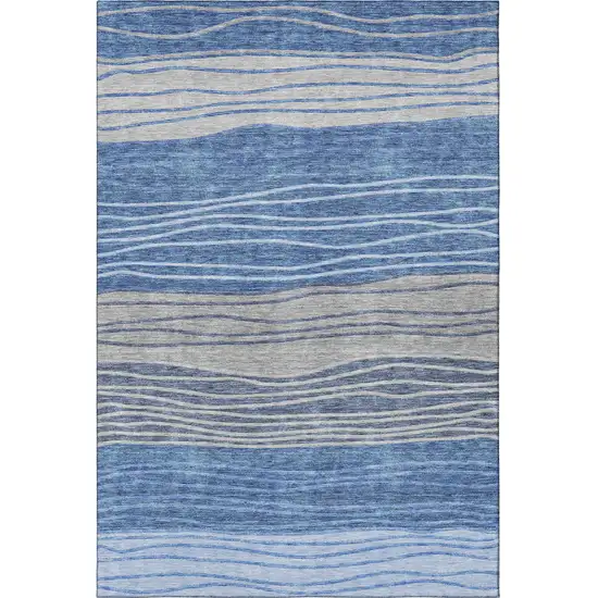 Blue And Gray Striped Washable Area Rug With UV Protection Photo 4