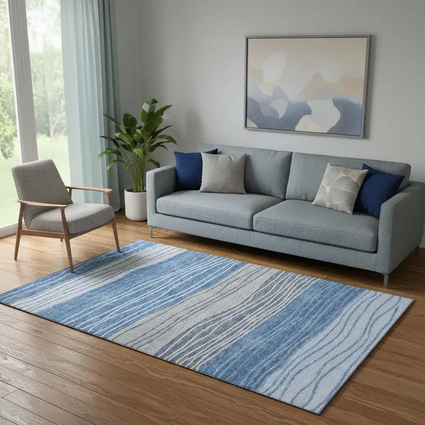 Blue And Gray Striped Washable Area Rug With UV Protection Photo 1