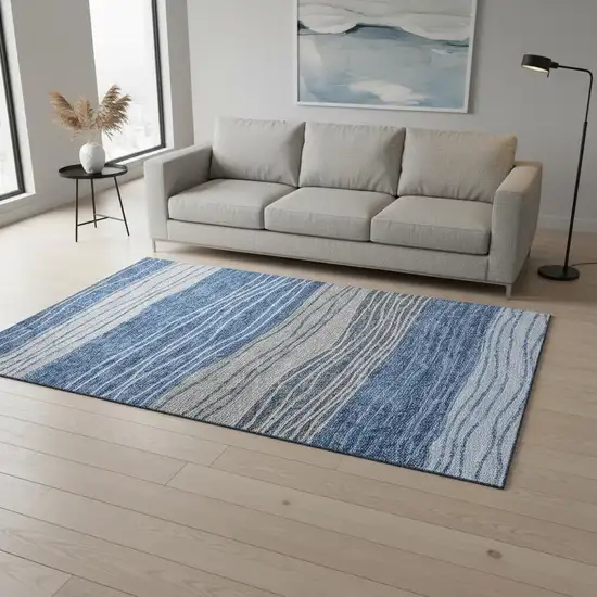 Blue And Gray Striped Washable Area Rug With UV Protection Photo 2