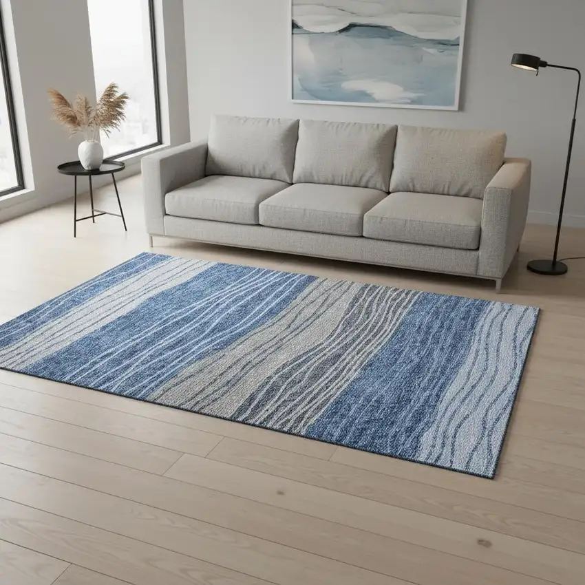 Blue And Gray Striped Washable Area Rug With UV Protection Photo 2