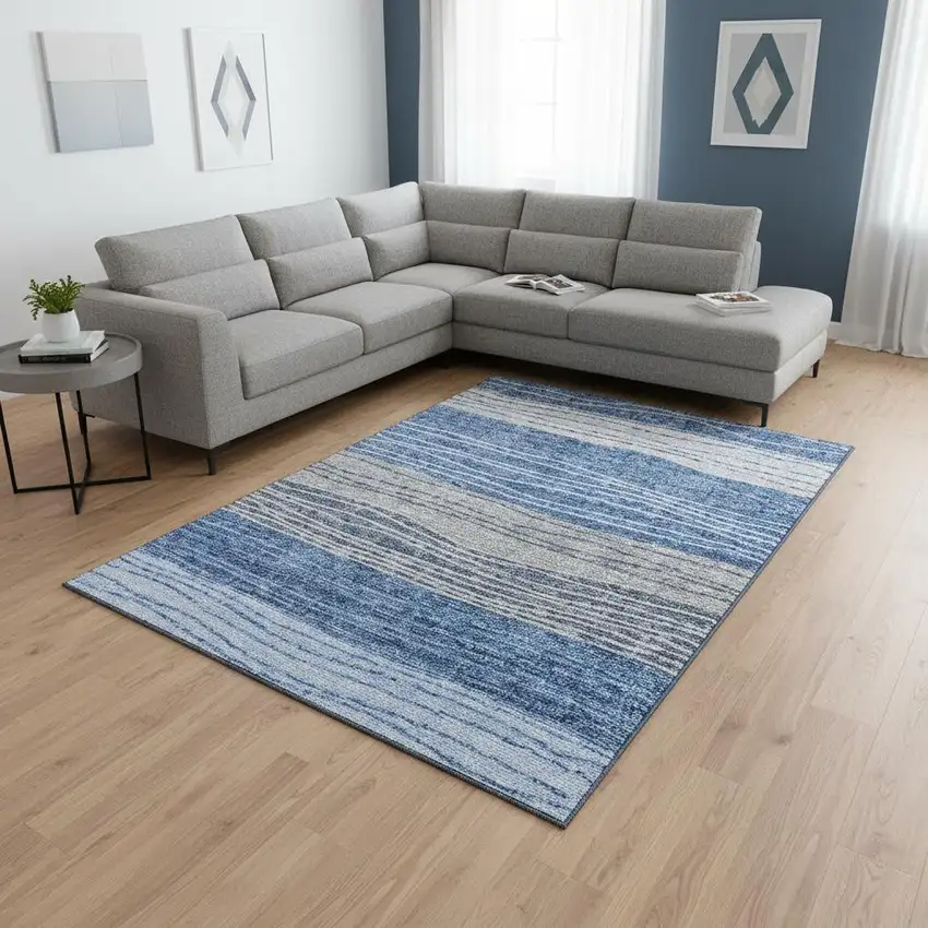 Blue And Gray Striped Washable Area Rug With UV Protection Photo 2