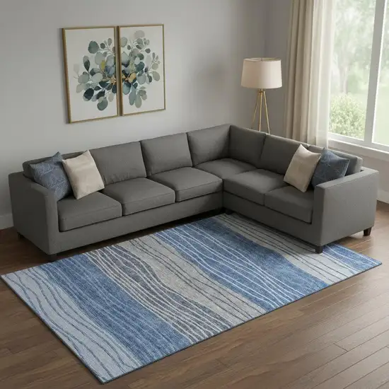Blue And Gray Striped Washable Area Rug With UV Protection Photo 1