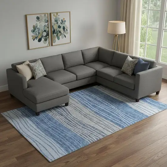 Blue And Gray Striped Washable Area Rug With UV Protection Photo 1