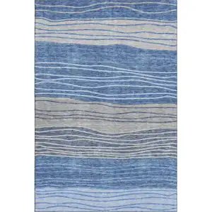 Photo of Blue And Gray Striped Washable Area Rug With UV Protection