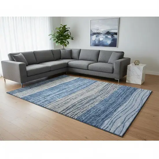 Blue And Gray Striped Washable Area Rug With UV Protection Photo 2