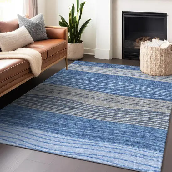 Blue And Gray Striped Washable Area Rug With UV Protection Photo 6