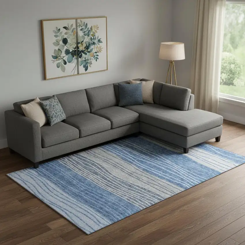 Blue And Gray Striped Washable Area Rug With UV Protection Photo 1