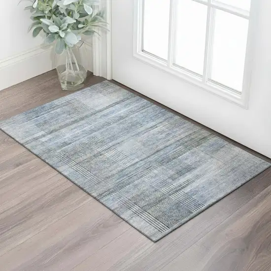 Blue And Gray Striped Washable Area Rug With UV Protection Photo 1