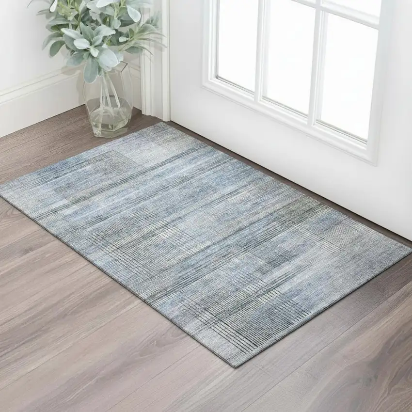 Blue And Gray Striped Washable Area Rug With UV Protection Photo 1