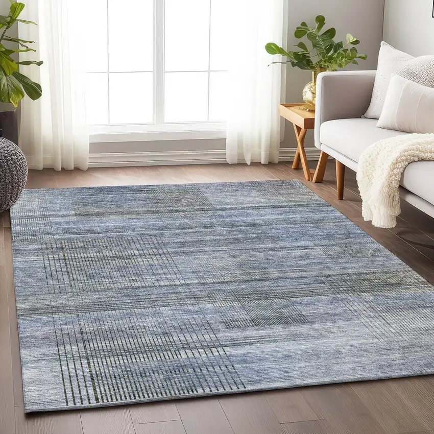 Blue And Gray Striped Washable Area Rug With UV Protection Photo 6
