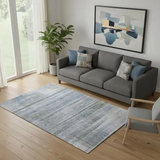 Blue And Gray Striped Washable Area Rug With UV Protection Photo 1