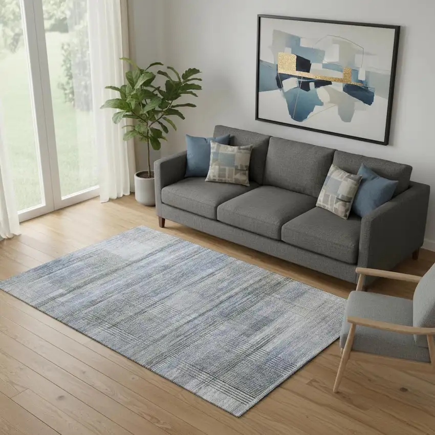 Blue And Gray Striped Washable Area Rug With UV Protection Photo 1