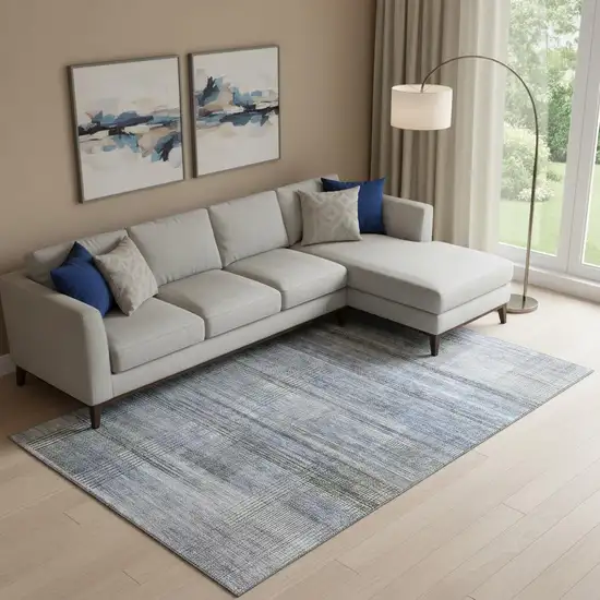 Blue And Gray Striped Washable Area Rug With UV Protection Photo 1