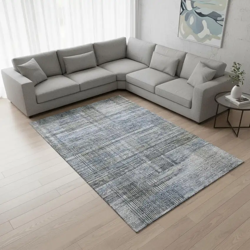 Blue And Gray Striped Washable Area Rug With UV Protection Photo 2