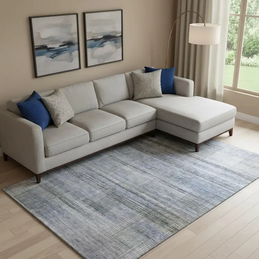 Blue And Gray Striped Washable Area Rug With UV Protection Photo 1