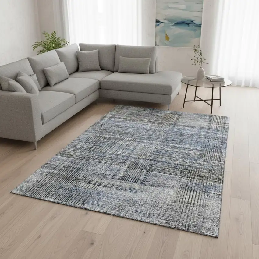 Blue And Gray Striped Washable Area Rug With UV Protection Photo 2