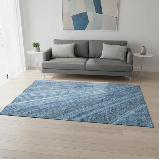 Blue And Gray Striped Washable Area Rug With UV Protection Photo 2