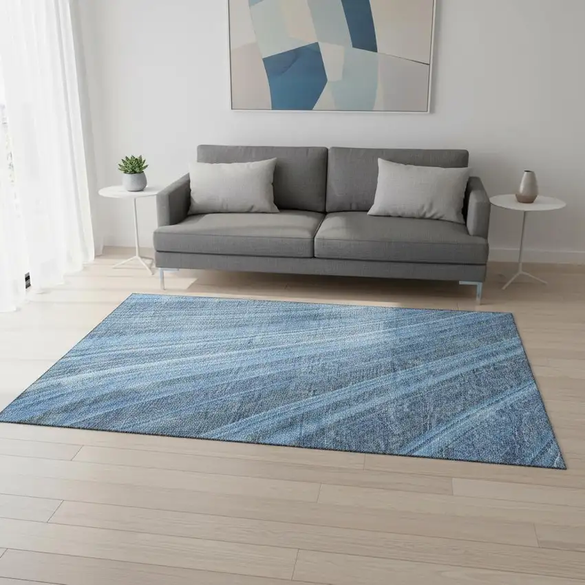 Blue And Gray Striped Washable Area Rug With UV Protection Photo 2
