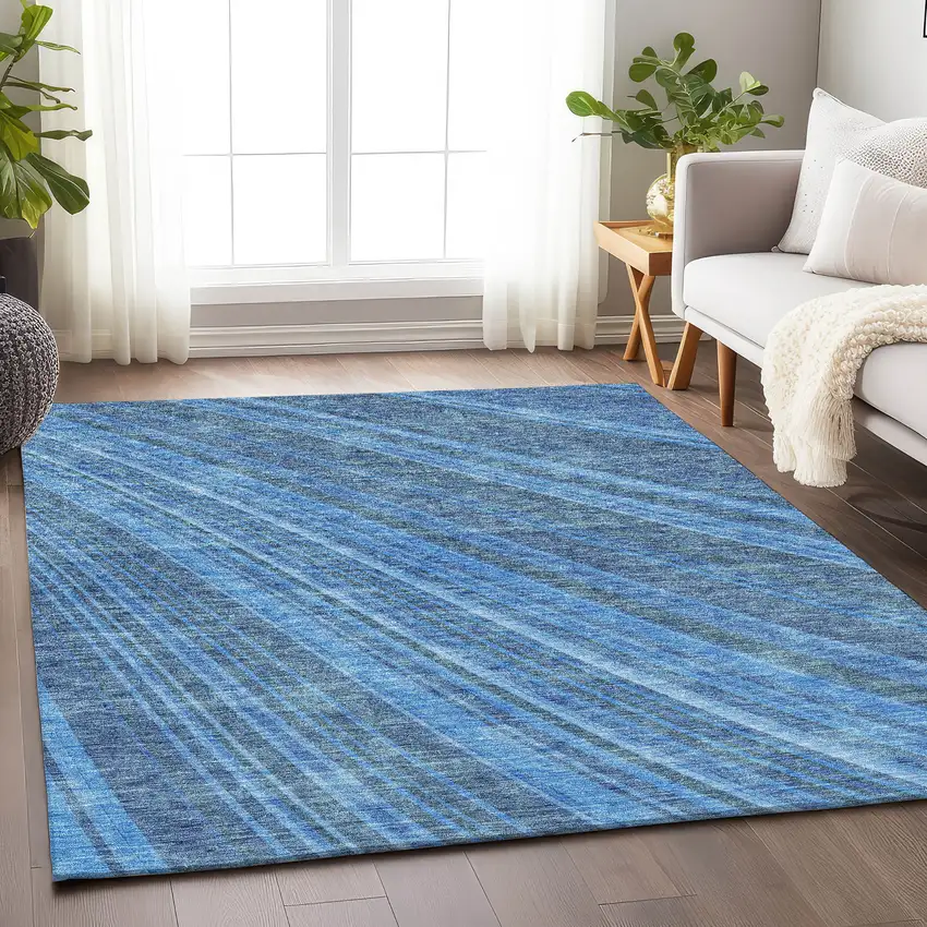 Blue And Gray Striped Washable Area Rug With UV Protection Photo 3