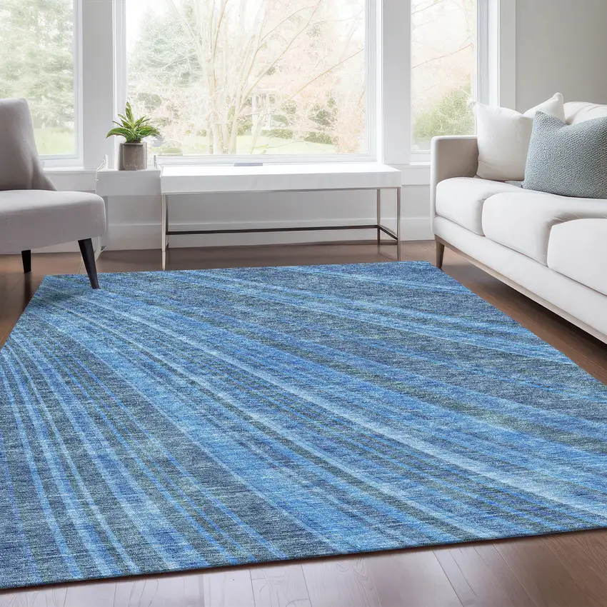 Blue And Gray Striped Washable Area Rug With UV Protection Photo 3