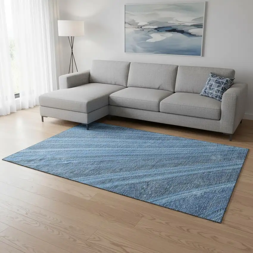 Blue And Gray Striped Washable Area Rug With UV Protection Photo 2