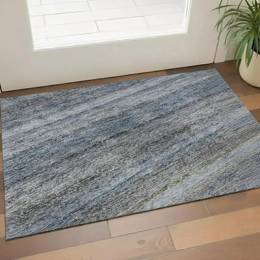 Blue And Gray Striped Washable Area Rug With UV Protection Photo 2