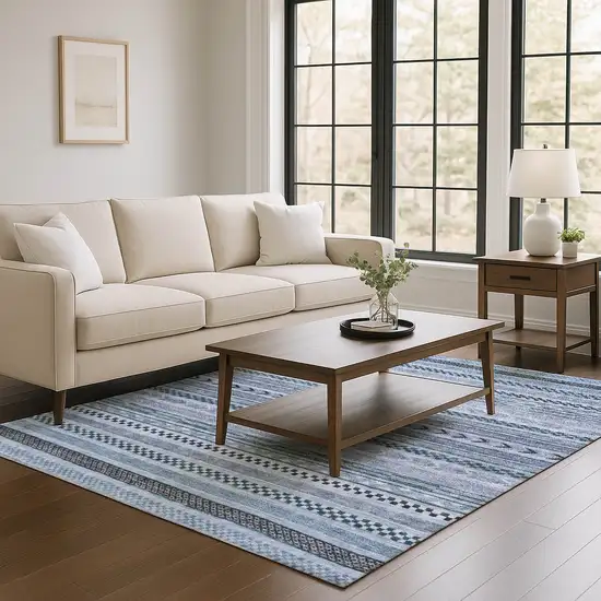 Blue And Gray Striped Washable Area Rug With UV Protection Photo 5