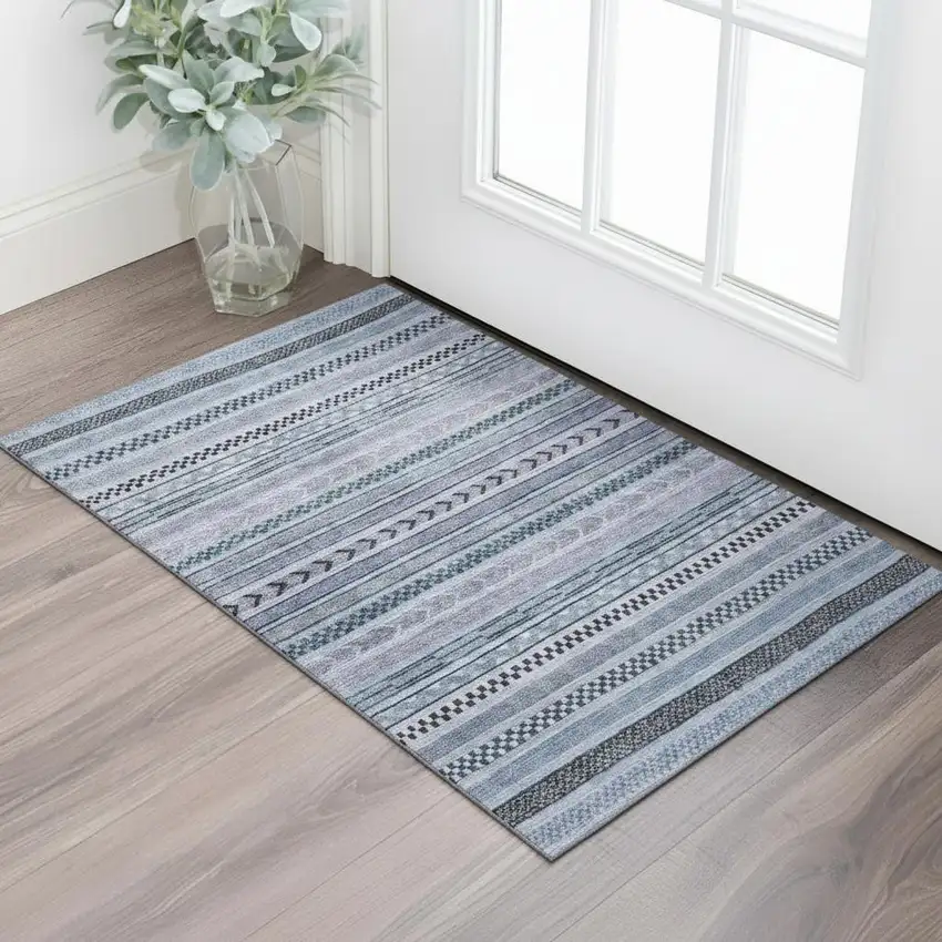 Blue And Gray Striped Washable Area Rug With UV Protection Photo 2
