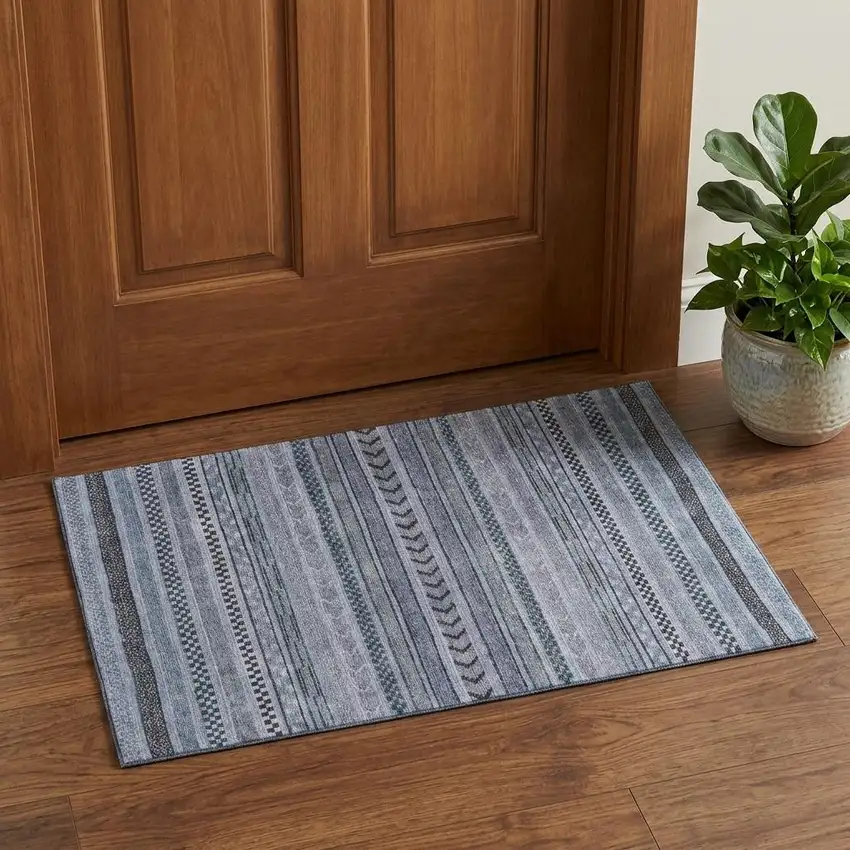 Blue And Gray Striped Washable Area Rug With UV Protection Photo 1