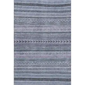 Photo of Blue And Gray Striped Washable Area Rug With UV Protection