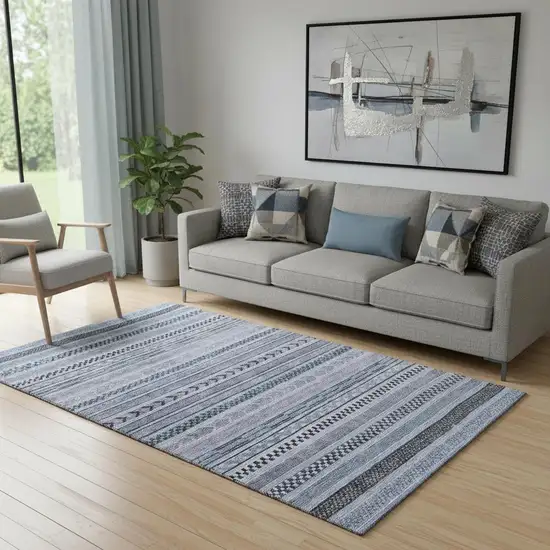 Blue And Gray Striped Washable Area Rug With UV Protection Photo 2