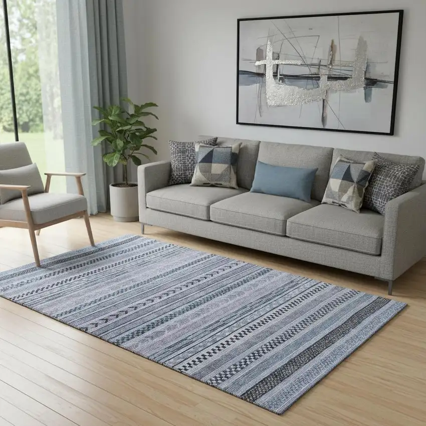 Blue And Gray Striped Washable Area Rug With UV Protection Photo 2