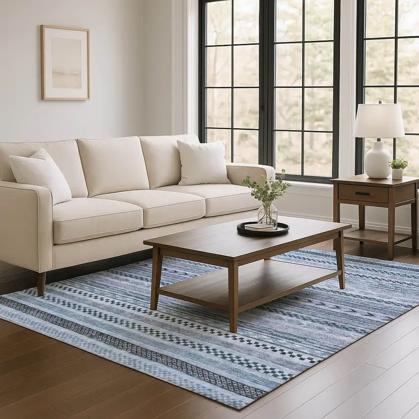 Blue And Gray Striped Washable Area Rug With UV Protection Photo 3